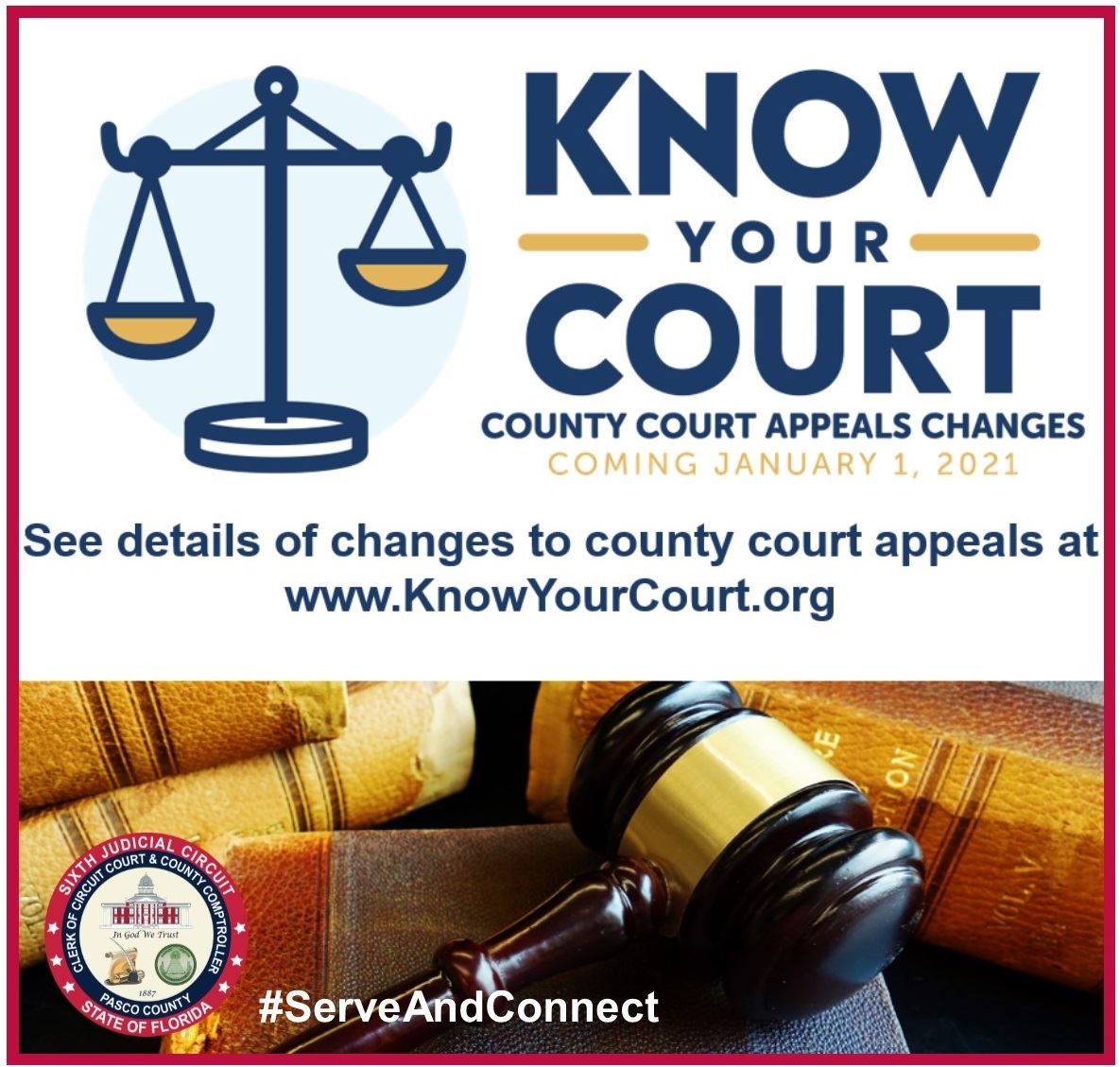 Know Your Court on white background with illustrated scales to left and gavel on law books on bottom