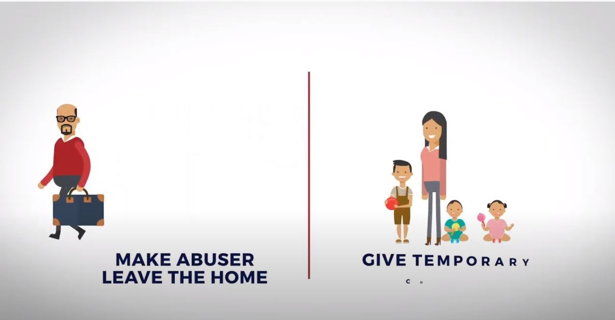 Cartoon man with suitcase on left walking away; cartoon woman and children smiling on right Opens in new window